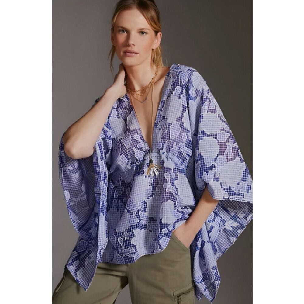 ANTHROPOLOGIE Kaftan Blouse Woman One Size Blue Floral Tie Front Flowy Sheer